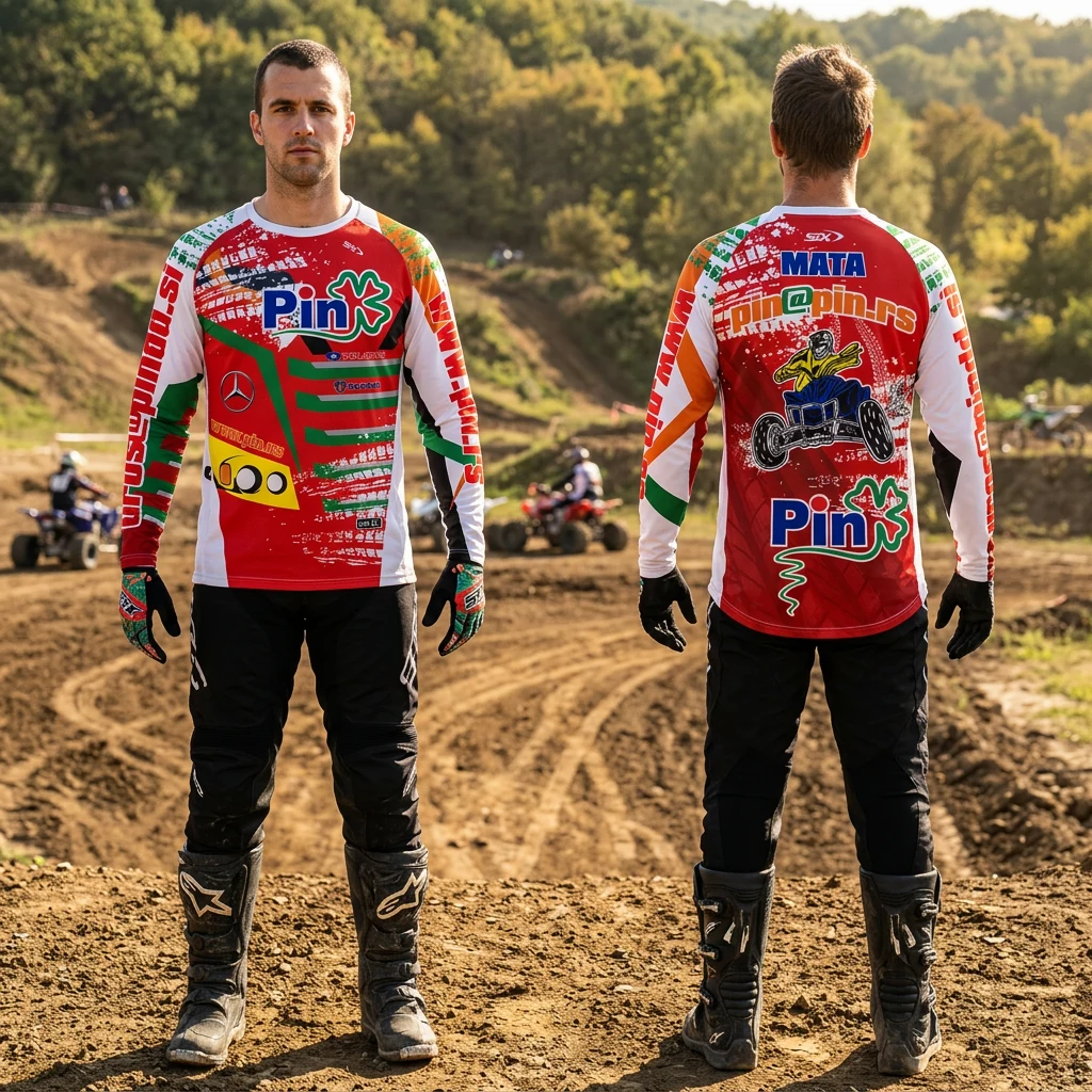 ATV i motokros dres Sportex — model 4 Pin u crvenoj, beloj, zelenoj i narandžastoj boji, MATA prikaz pozadi