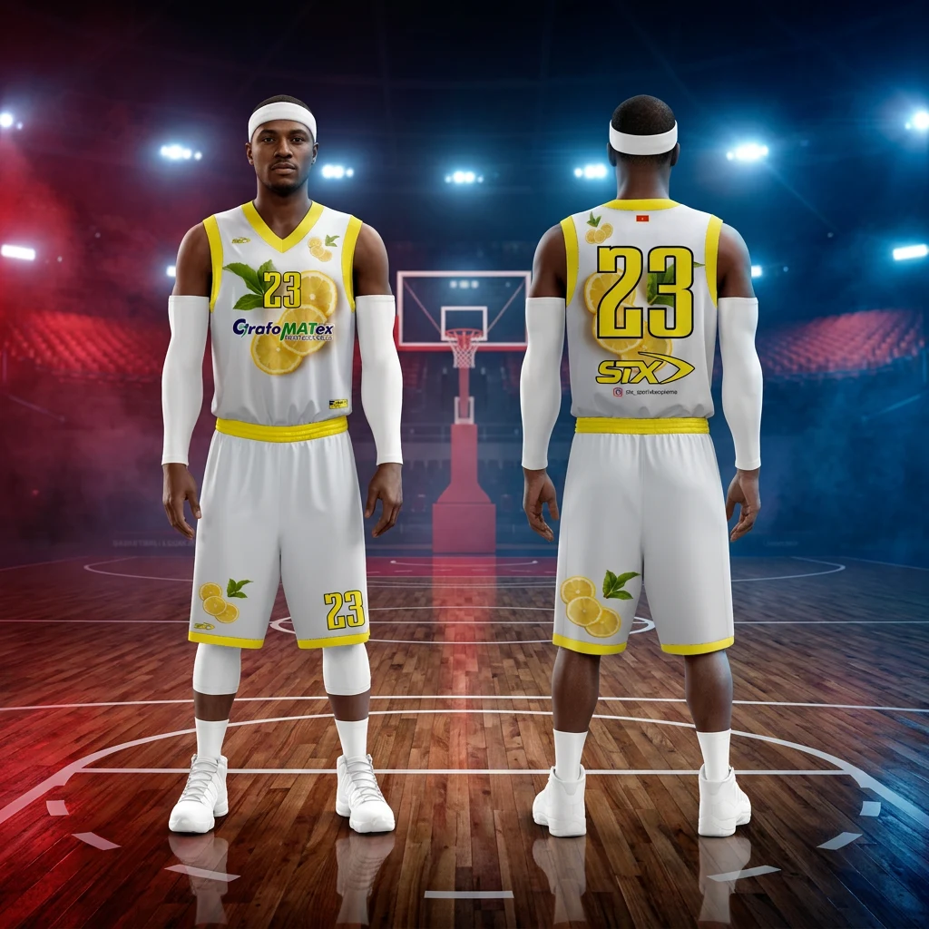 Košarkaški dres i šorc Sportex — model 18, belo-žuti komplet GrafoMATex sa brojem 23, prednji i zadnji prikaz na košarkašima