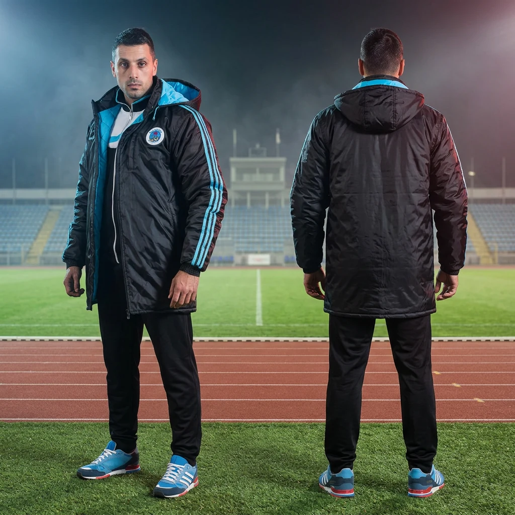 Duga crna klupska jakna sa plavim detaljima — prednji i zadnji prikaz — Sportex model 5