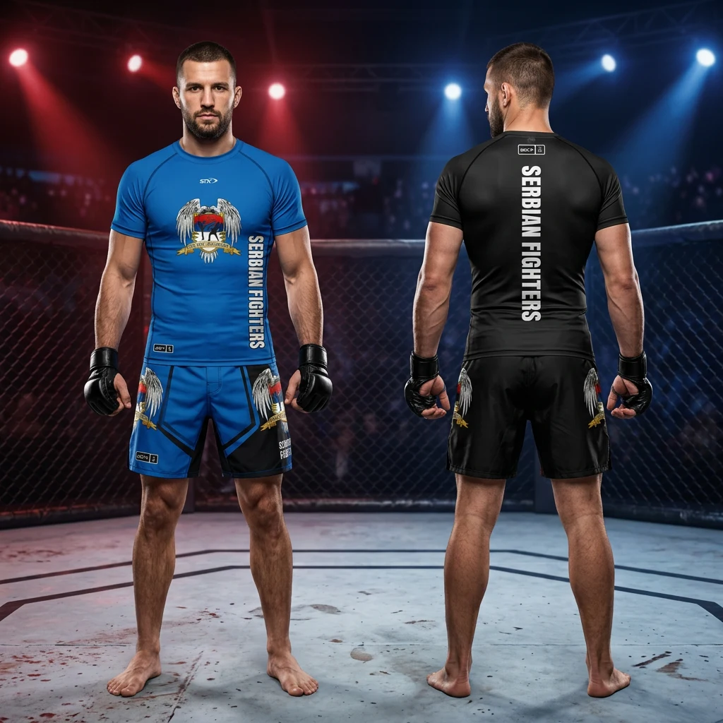 MMA sportski komplet Sportex — model 18, prednji i zadnji prikaz opreme na borcima u oktagonu