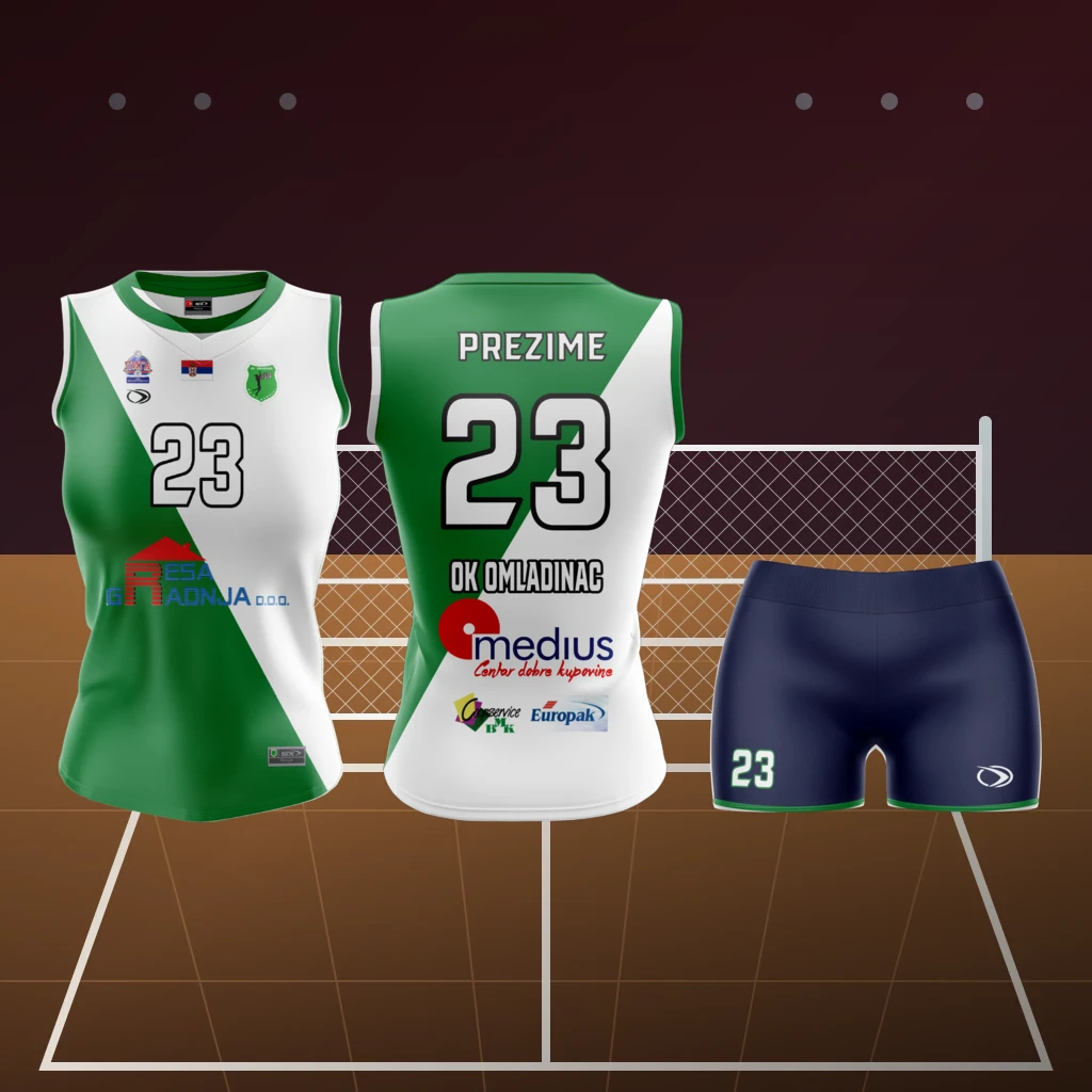 Odbojkaški dres i šorc Sportex — model 4, prednji i zadnji prikaz klupskog kompleta na odbojkaškom terenu